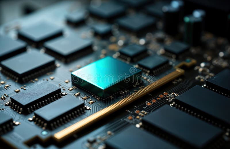Close up view of computer video card without memory chip. Empty slot for GDDR memory chips. Image highlights global semiconductor stock illustration