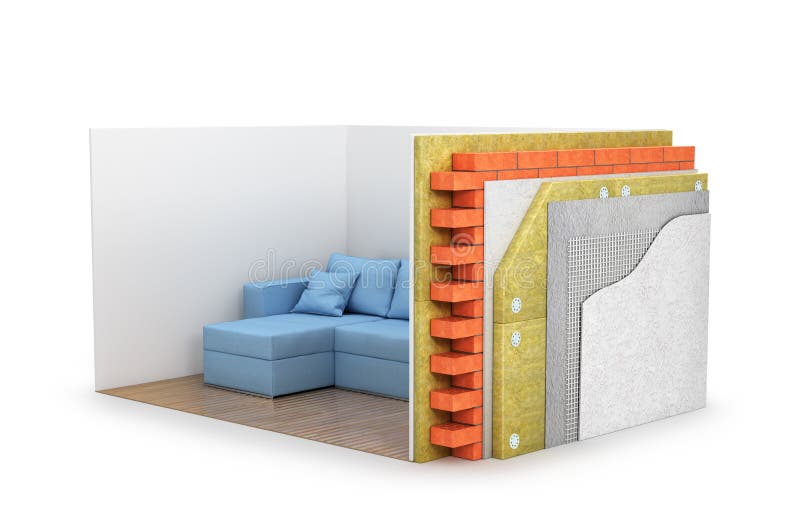 Close-up view of the cross-section of the wall. All layers. heat insulation. 3d