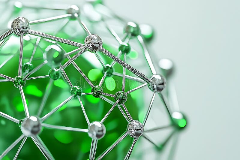 Close-up view of a 3D model depicting an interconnected green network in an abstract design stock illustration