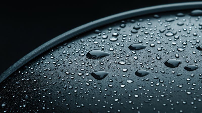 A close-up view of a dark-colored surface with numerous water droplets scattered across its surface. stock image