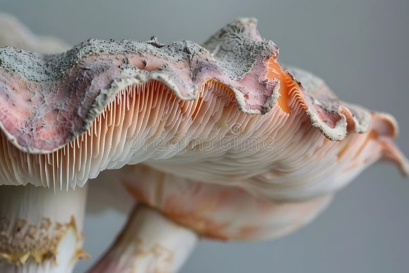 Close-Up View of Delicate Mushroom Cap, Unveiling Intricate Gill Structure and Peach-Colored Hues, Displaying Natur royalty free illustration