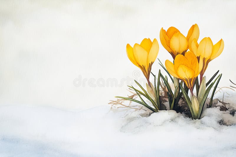 In a close-up view, delicate yellow crocuses emerge through the snow, symbolizing the onset of spring and new life stock photos