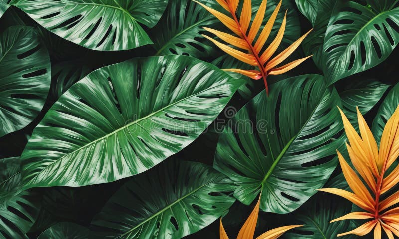 Culoare închisă pentru colecția densă de frunze tropicale cu amestec de nuiele verzi și portocalii cu unele frunze vector illustration