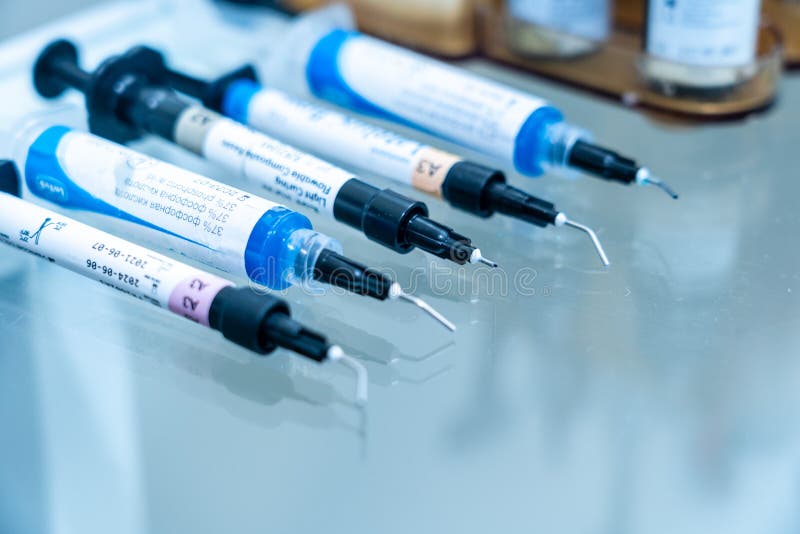 Close Up View on Dental Tools in the Dental Office. Set of Dental Care