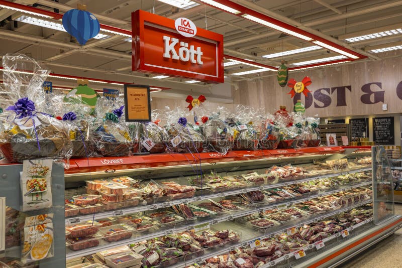 Close Up View of Department with Chilled Meat Products in Supermarket