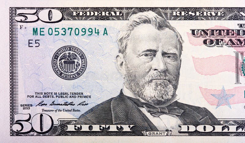 Close-up view of a 50 dollar United States treasury bill.