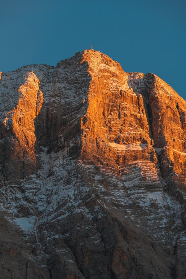 Close Up View of the Dolomite Mountain Peak at Sunset, Dolomite Alps in