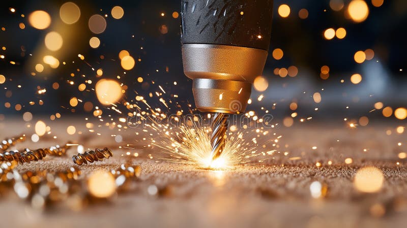 Close-up view of a drill bit generating sparks while cutting metal royalty free stock image