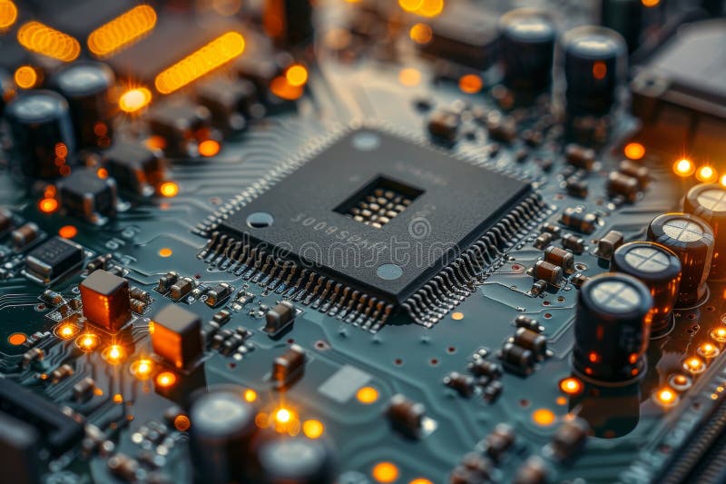 Close up view of an electronic circuit board featuring radio components and a chip processor royalty free illustration