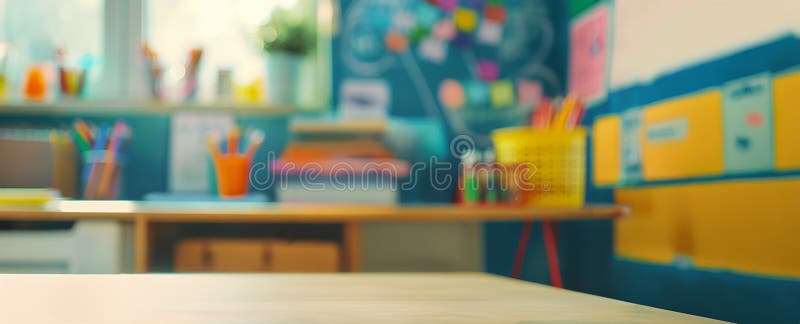 Close Up View of an Empty Desktop in a Classroom. Various School Supplies on the Background. Blurred, Wide Scale School Theme stock illustration