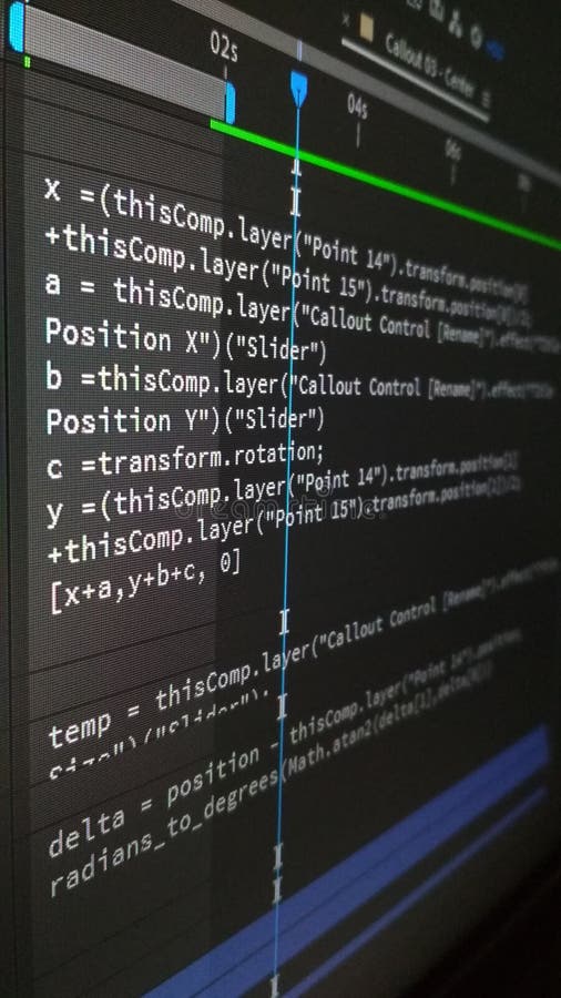 Close up view of expression code in adobe after effects software royalty free stock photo