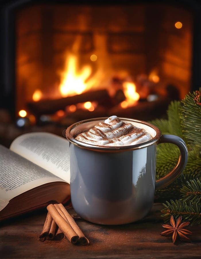 A cozy moment with rich hot cocoa and an open book beside a warm fire, perfect for winter evenings. Generative AI. A close-up view features an enameled mug filled with steaming hot cocoa next to an open book, creating a warm atmosphere by the cozy fireplace. The scene invites relaxation and enjoyment. AI generated