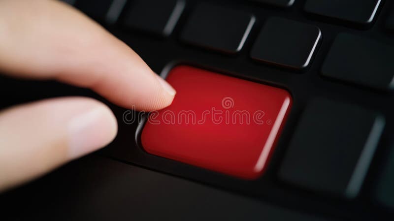 Close-up view of finger poised to press large red delete key on black keyboard. Human hand with finger about to press important stock illustration