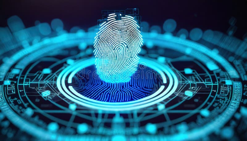 A close-up view of a fingerprint scan interface displaying advanced security access technology. royalty free stock photography