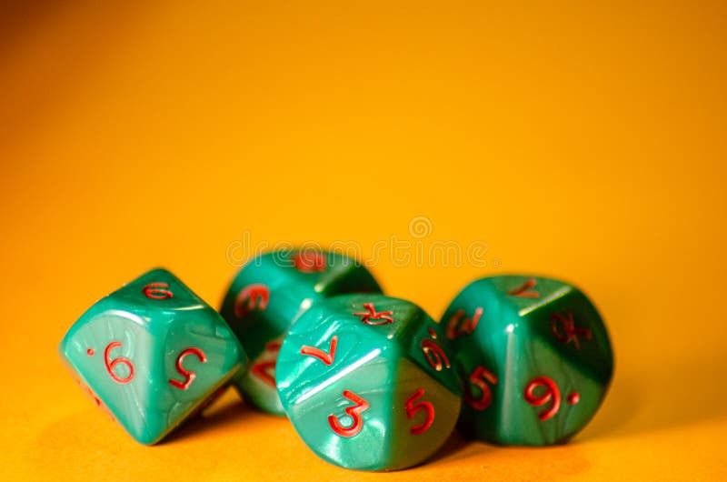 Close-up view of four 10-sided dice for board games and role-playing games stock photos