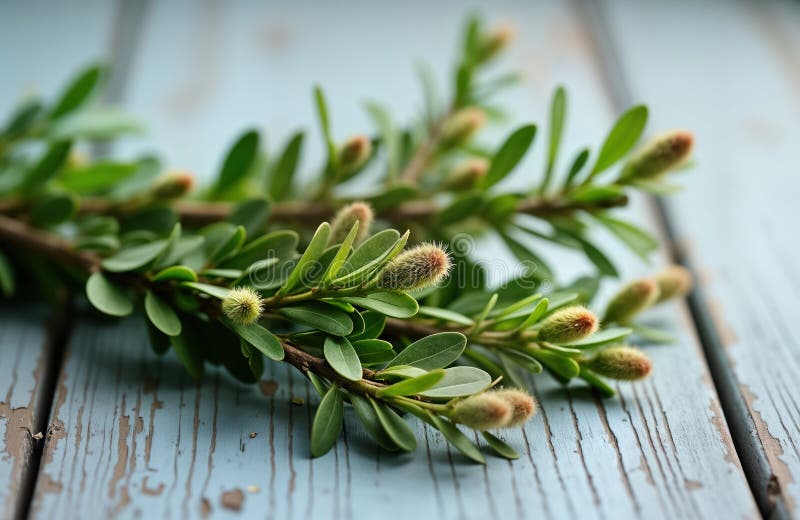 Close-up view of fresh spring branches with delicate green leaves, soft buds. Natural spring elements. Perfect for Easter Lent stock illustration