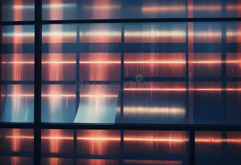 A close-up view of a glass building with a grid-like pattern, illuminated with warm, orange light. royalty free illustration