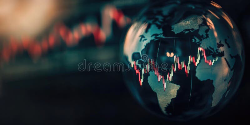 A close-up view of a globe sitting on a table, with the surface details visible stock photo