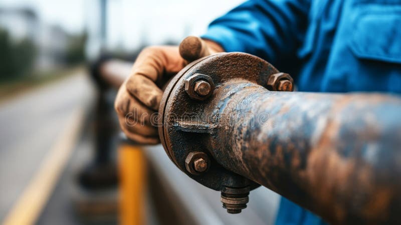 Industrial engineer wearing protective gloves adjusting valve on corroded metal pipeline, showcasing maintenance precision royalty free stock images