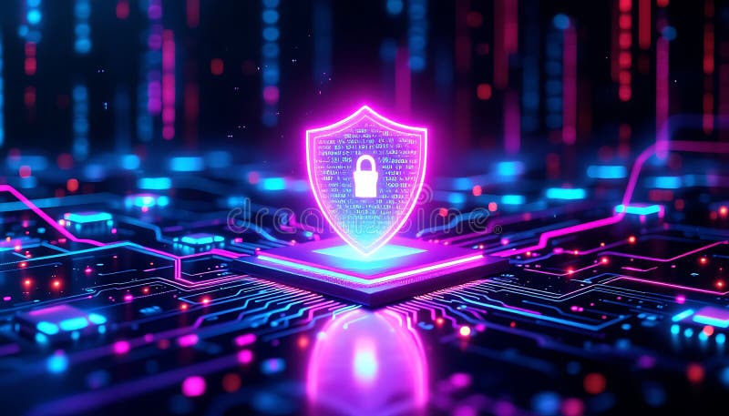 Cybersecurity Shield on a Glowing Circuit Board vector illustration