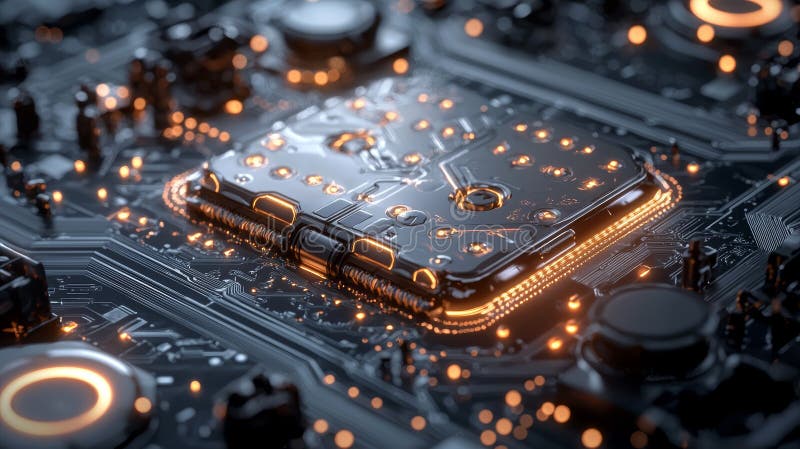 Close-up view of a glowing microprocessor on a circuit board, showcasing intricate details and modern technology vector illustration