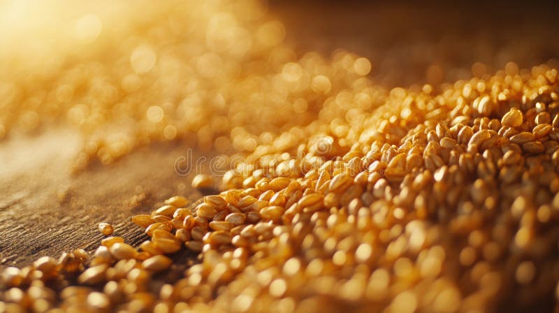 Golden wheat grains scattered on a rustic wooden table with warm reflections and soft lighting for a premium food. Close-up view of golden wheat grains elegantly resting on a rustic wooden table, illuminated by soft, warm lighting to emphasize their premium quality. AI generated