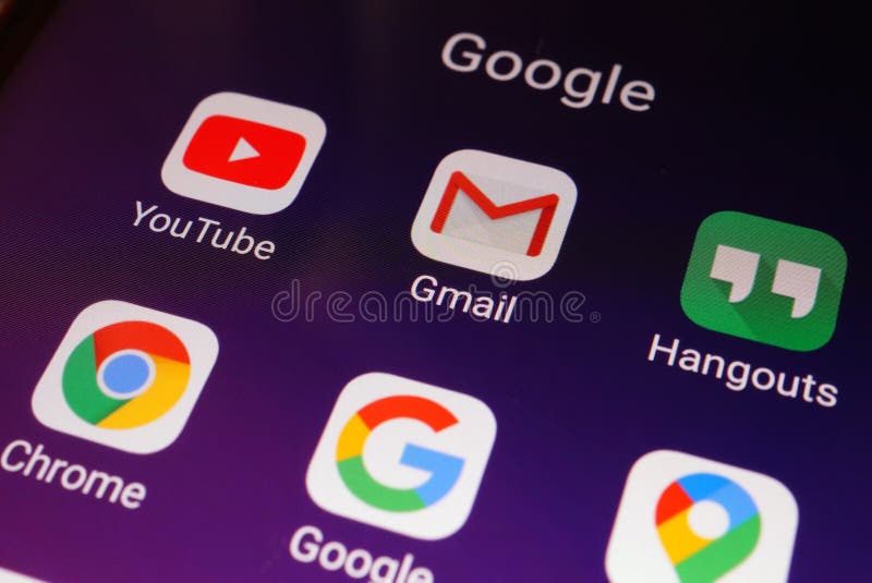 Close-up view of Google apps on an Android smartphone, including Gmail, YouTube, Hangouts, Chrome stock photo