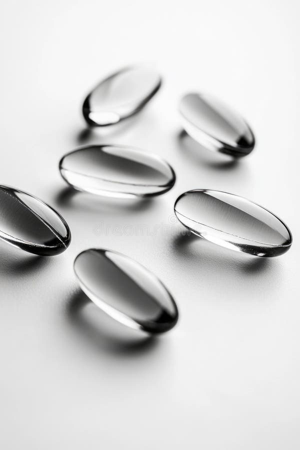 Close-up view of a group of glass pills on a white surface royalty free stock photos