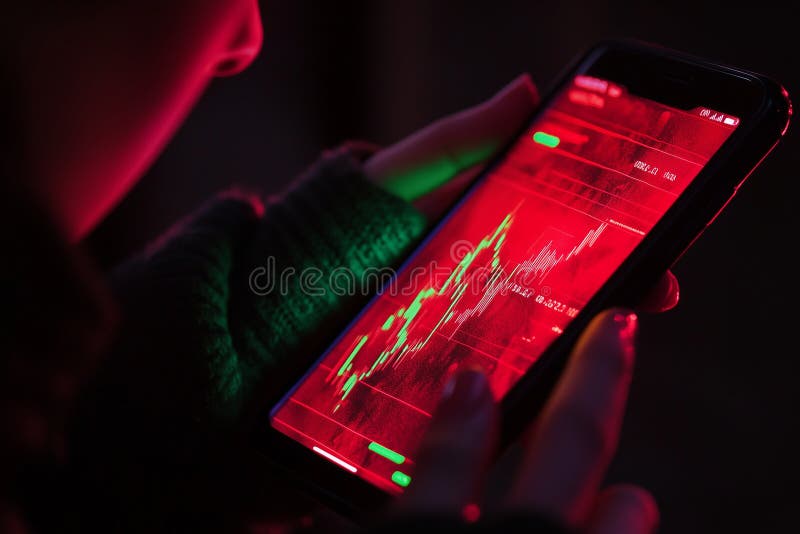 Close up view of a hand monitoring stock market trends on a smartphone in a dimly lit setting during evening hours royalty free stock image