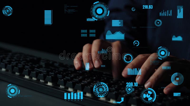 Hands typing on a keyboard with futuristic digital interface elements, data visualization and analytics concept stock illustration