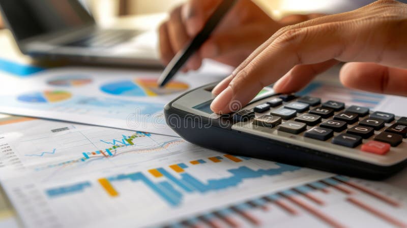 A close-up view of hands using a calculator and pen to work on financial charts and data reports on a desk. AI generated image.