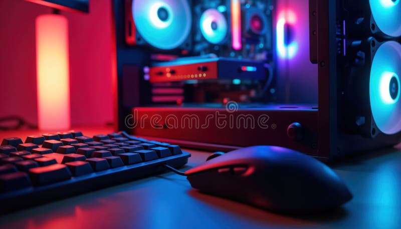 Close-up view of high-performance computer hardware components. RGB lighting illuminates motherboard, fans, components. Modern royalty free illustration