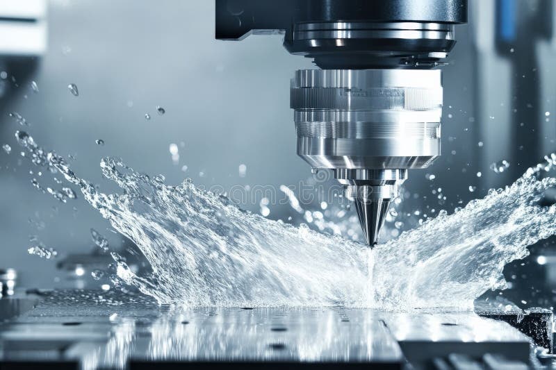 High-Precision CNC Machining Process with Water Splash vector illustration