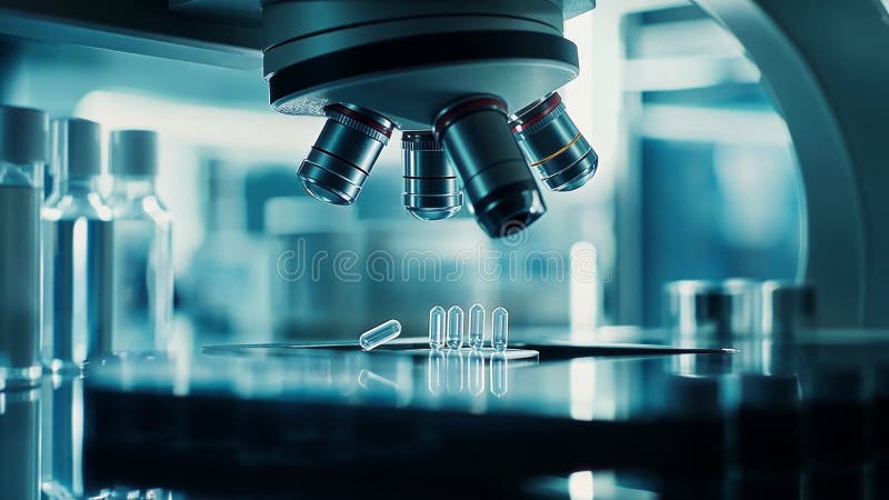 Advanced laboratory microscope analyzing samples royalty free illustration