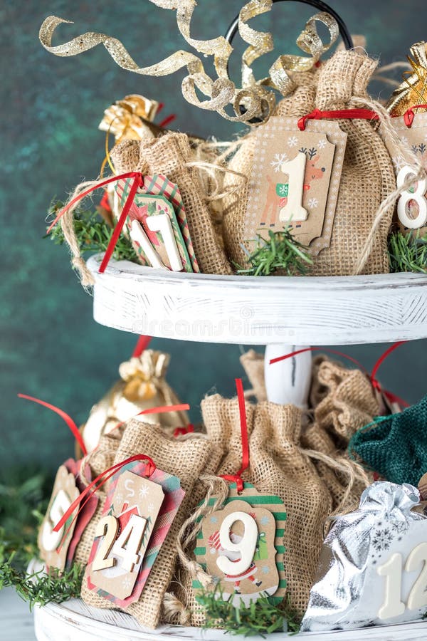 Close Up View of a Homemade Advent Calendar on a Tiered Stand. Stock
