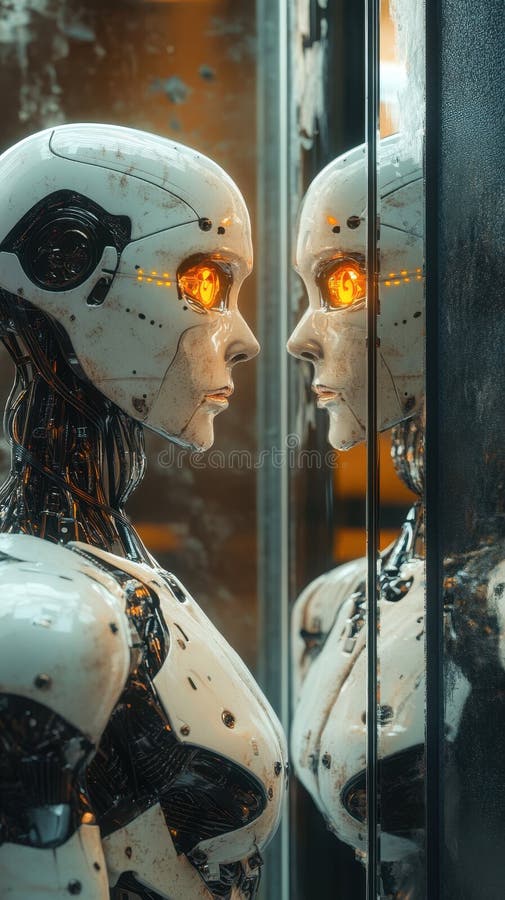 Futuristic humanoid robot gazing at its reflection stock photography