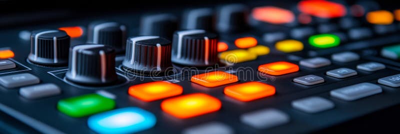 Close-up View Of Illuminated Buttons And Knobs On A Modern Electronic Music Production Equipment royalty free illustration