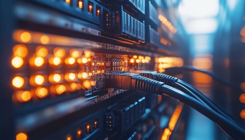 Close-up view of illuminated server cables in a data center at dusk stock image