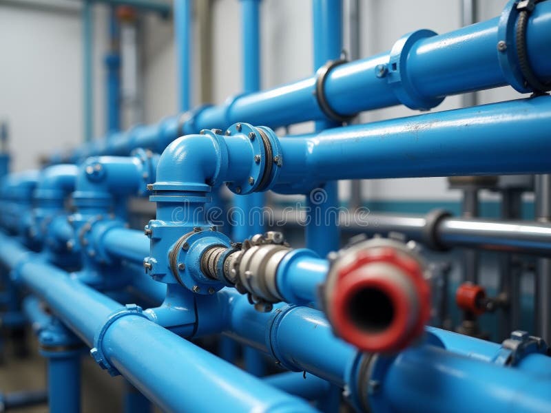Blue Industrial Pipes in a Factory Setting, Showcasing Detailed Connections and Structures During the Day stock image