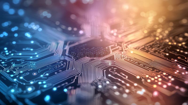 Close-up view of an intricate circuit board with colorful lights, showcasing advanced technology and microelectronics in a modern stock illustration