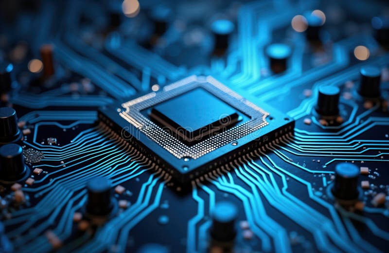 Close-up view of intricate computer chip components. Complex tech circuit board with vibrant blue highlighted lines. Advanced royalty free illustration