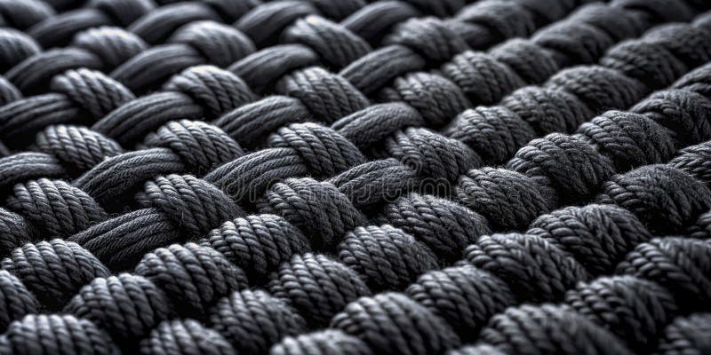 Close-up view of intricately woven dark gray rope texture with a complex pattern of interwoven strands creating a detailed royalty free illustration