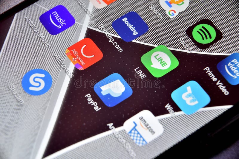 Close-up view of Line icon app on an Android smartphone, including other icons royalty free stock photography