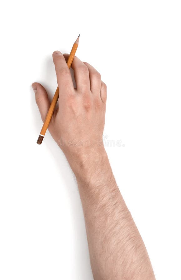 Close up view of man's hand holding pencil isolated on white background royalty free stock photos
