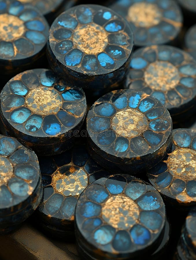 A close up view of many round decorative objects with blue and gold colors stacked together creating an elegant unique design illustrazione di stock