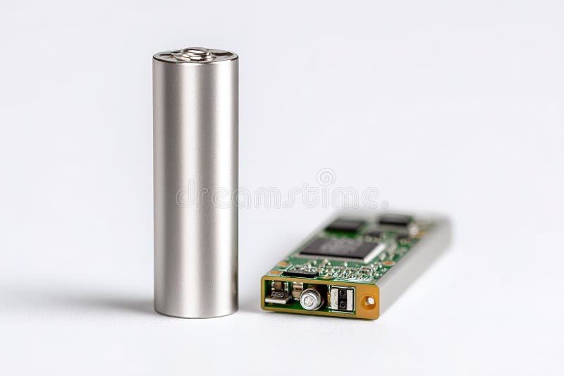 Close-up view of a metallic battery alongside a circuit board on a white background stock images