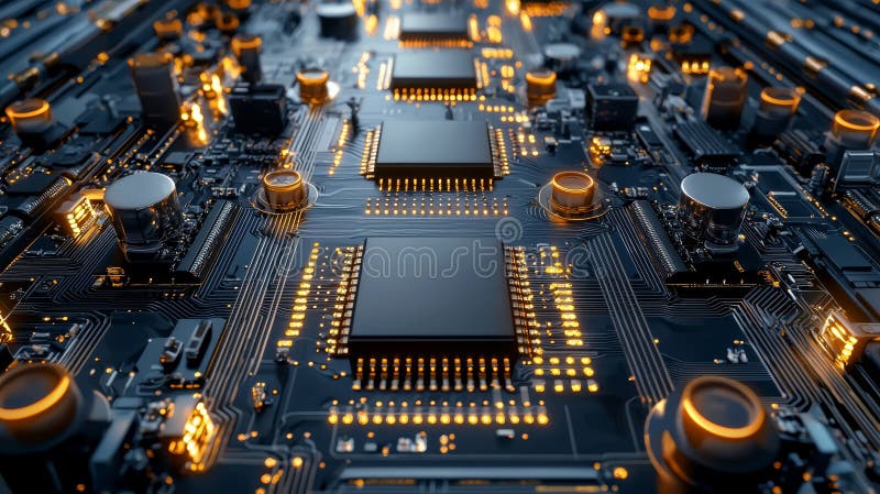 Close-up view of a modern circuit board with glowing components and intricate details, showcasing advanced technology and design vector illustration