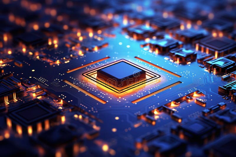 Close up view of a modern processor on a circuit board. Concept of technology, computing, and artificial intelligence royalty free illustration