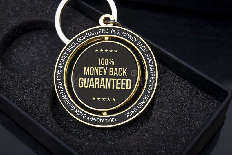 Close up view of 100 percent Money back guaranteed badge with copy space.