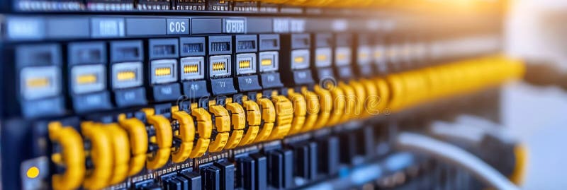 Close-Up View of Network Cables Connected to Servers in Data Center, Network Technology Background royalty free illustration